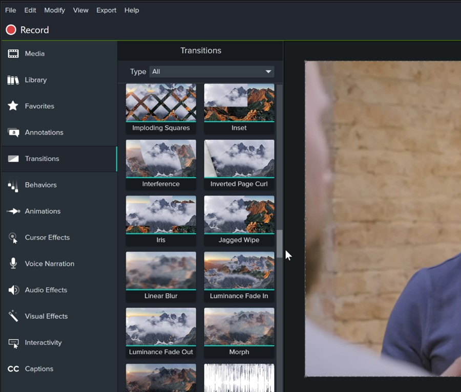 Camtasia 2021 has 75 new video transitions you can choose from