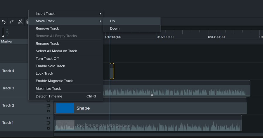 You can now move tracks and their contents up or down on the timeline in Camtasia 2021