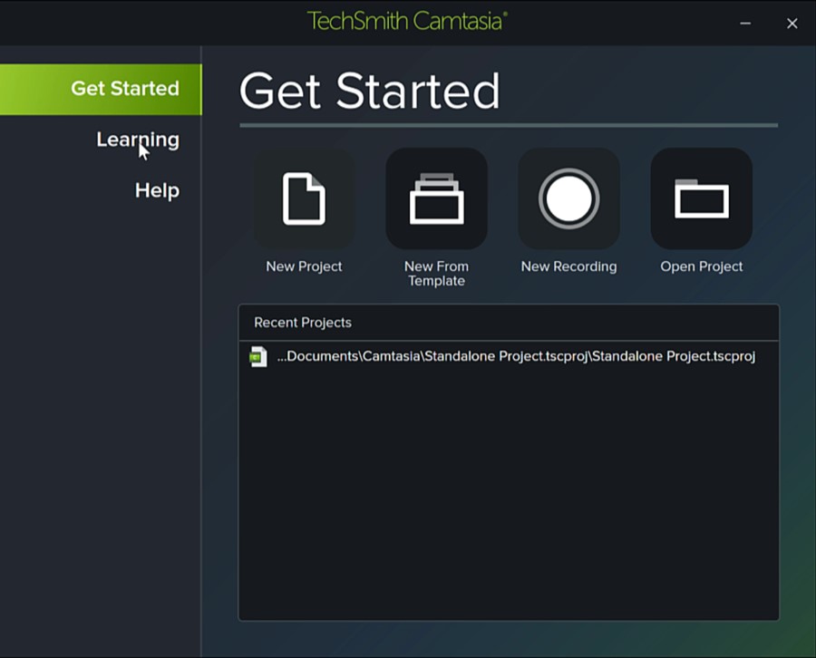 Camtasia 2021 sports a redesigned startup screen