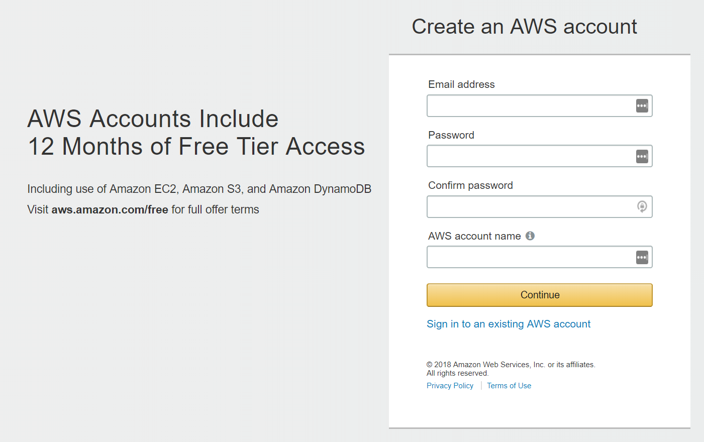 Amazon Web Services registration screen