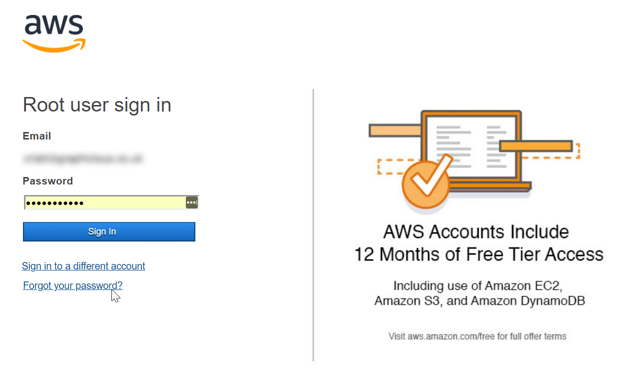 Amazon Web Services login screen