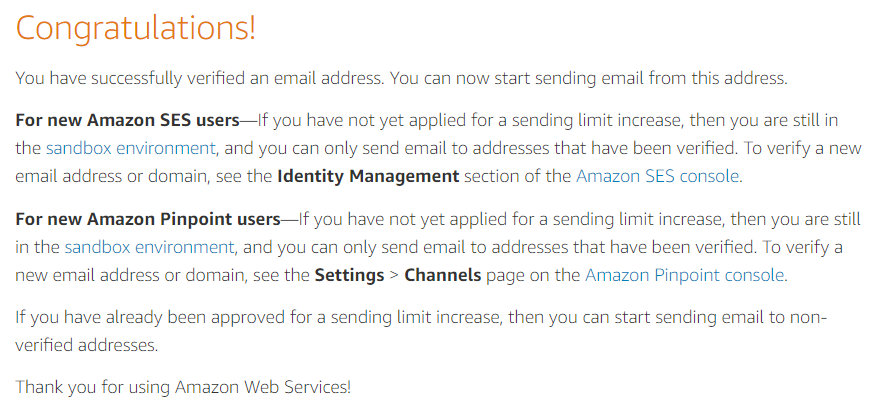 Amazon SES confirmed e-mail sandbox environment