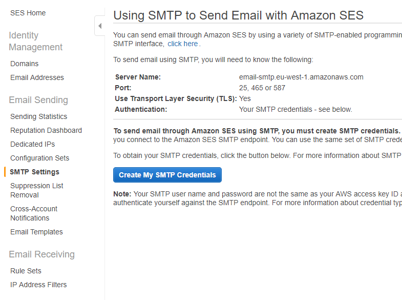 AWS SES SMTP settings
