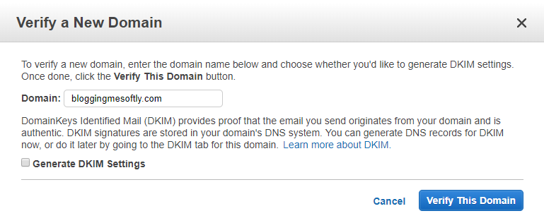 Amazon SES - Verify domain pop-up