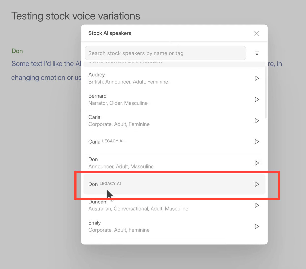 Legacy AI voices displayed