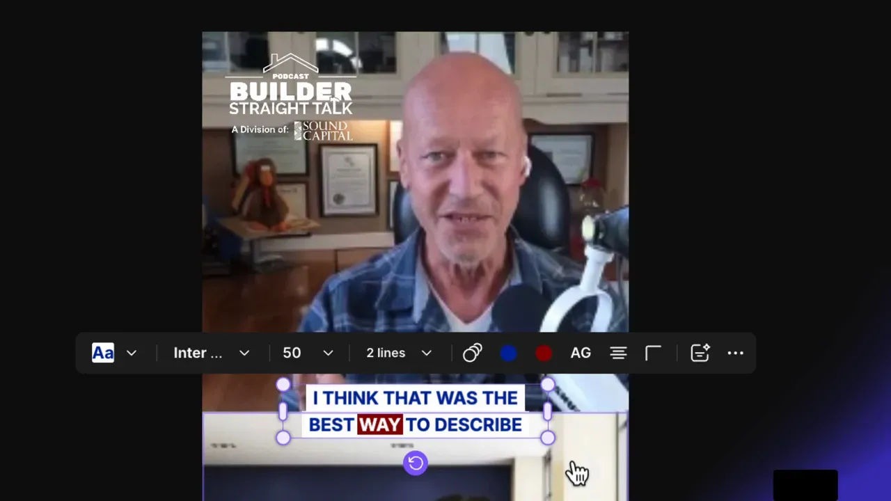 Riverside captions editor showing the style toolbar (font, size set to 50, two-line setting, color dots) with a caption block and resize handles visible.