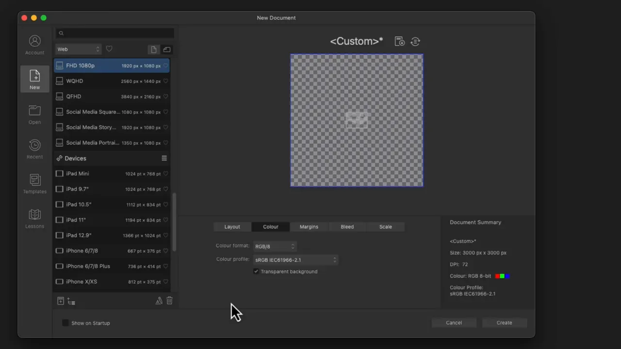 New document preview showing checkerboard transparency and the 'Transparent background' option checked