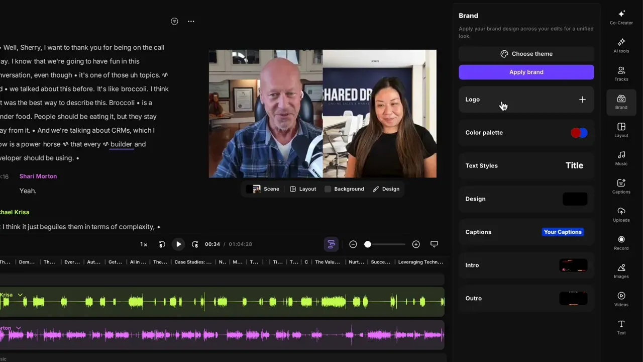 Riverside Brand sidebar showing 'Apply brand', a Logo field with a plus icon, color palette and other brand options.