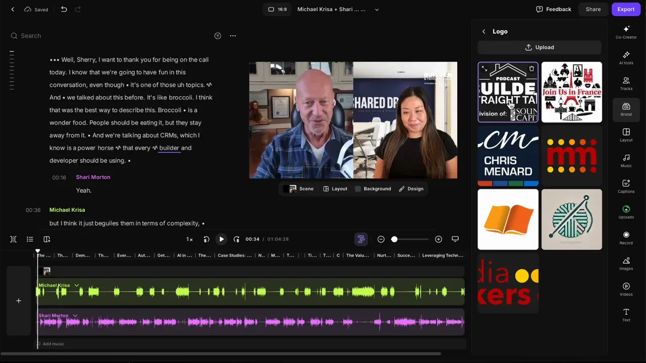 Riverside edit workspace showing the Brand > Logo panel with logo thumbnails