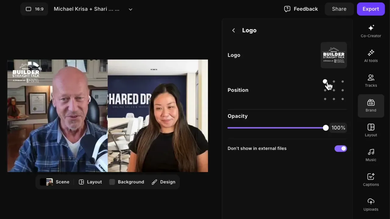 Riverside studio with two participants on the left and the Brand panel on the right showing logo, position grid, and opacity slider.