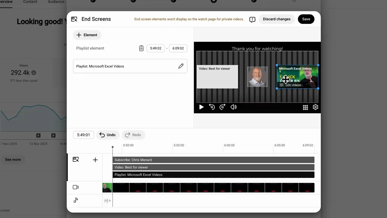 YouTube End Screens editor with the playlist element selected, showing the preview on the right and element timing on the timeline.