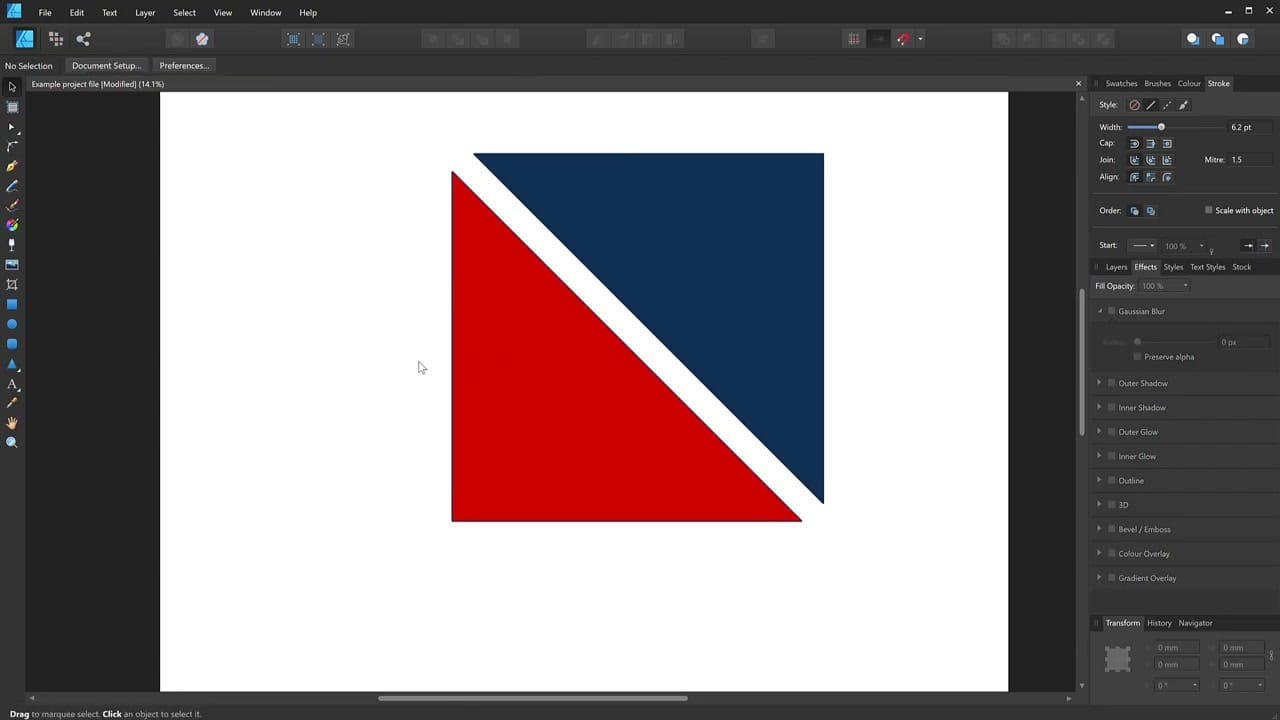 Two separate triangles in Affinity Designer — one red, one dark blue — created by slicing a square diagonally