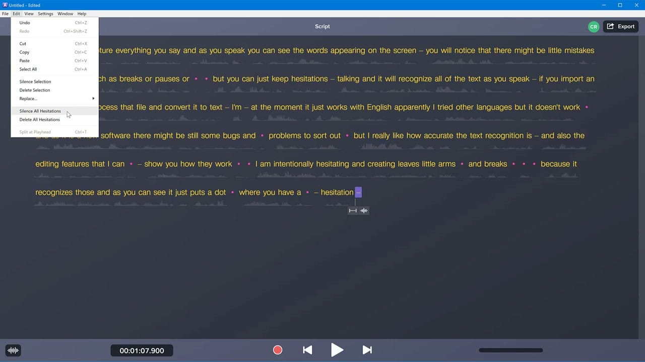 Audiate Edit menu showing Silence All Hesitations and Delete All Hesitations options
