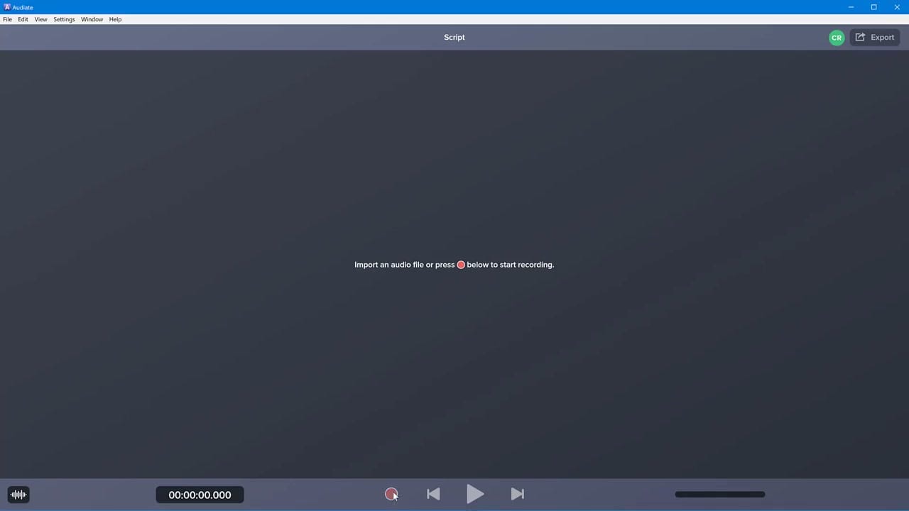 Audiate start screen showing the option to import audio or record directly