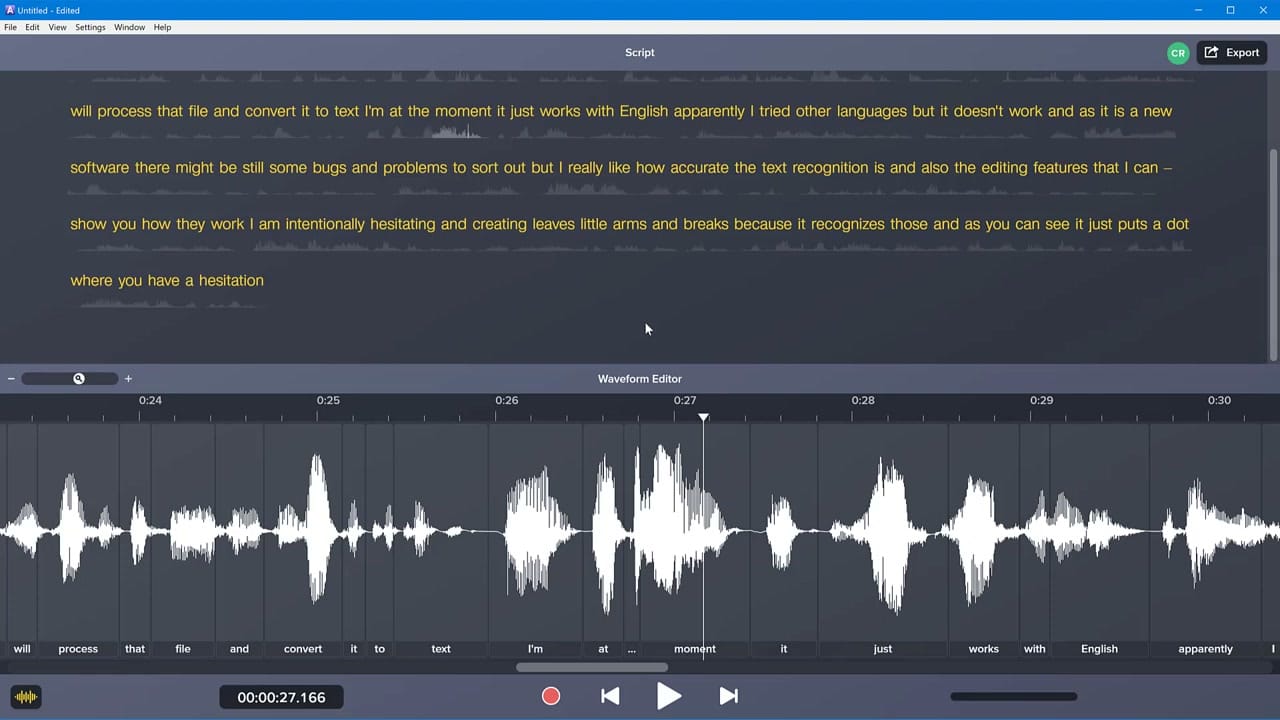 Audiate waveform editor showing audio waveform with transcribed words labelled underneath