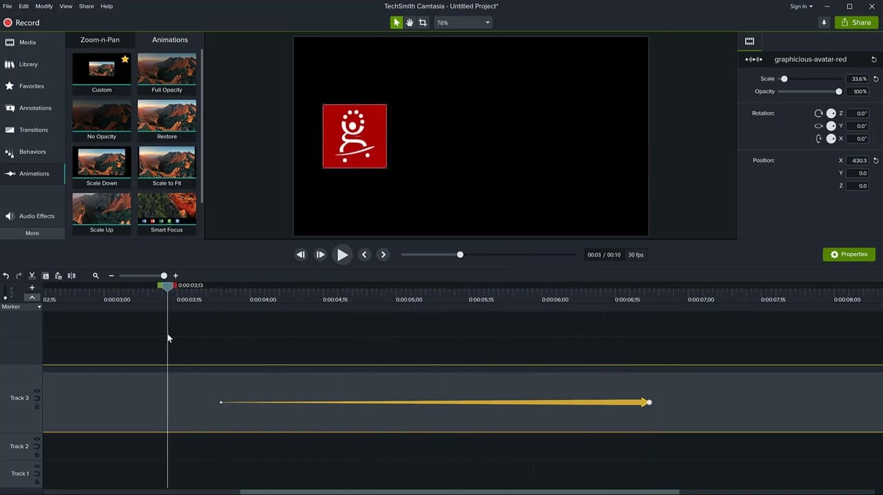 Camtasia timeline showing yellow animation arrow representing a motion path