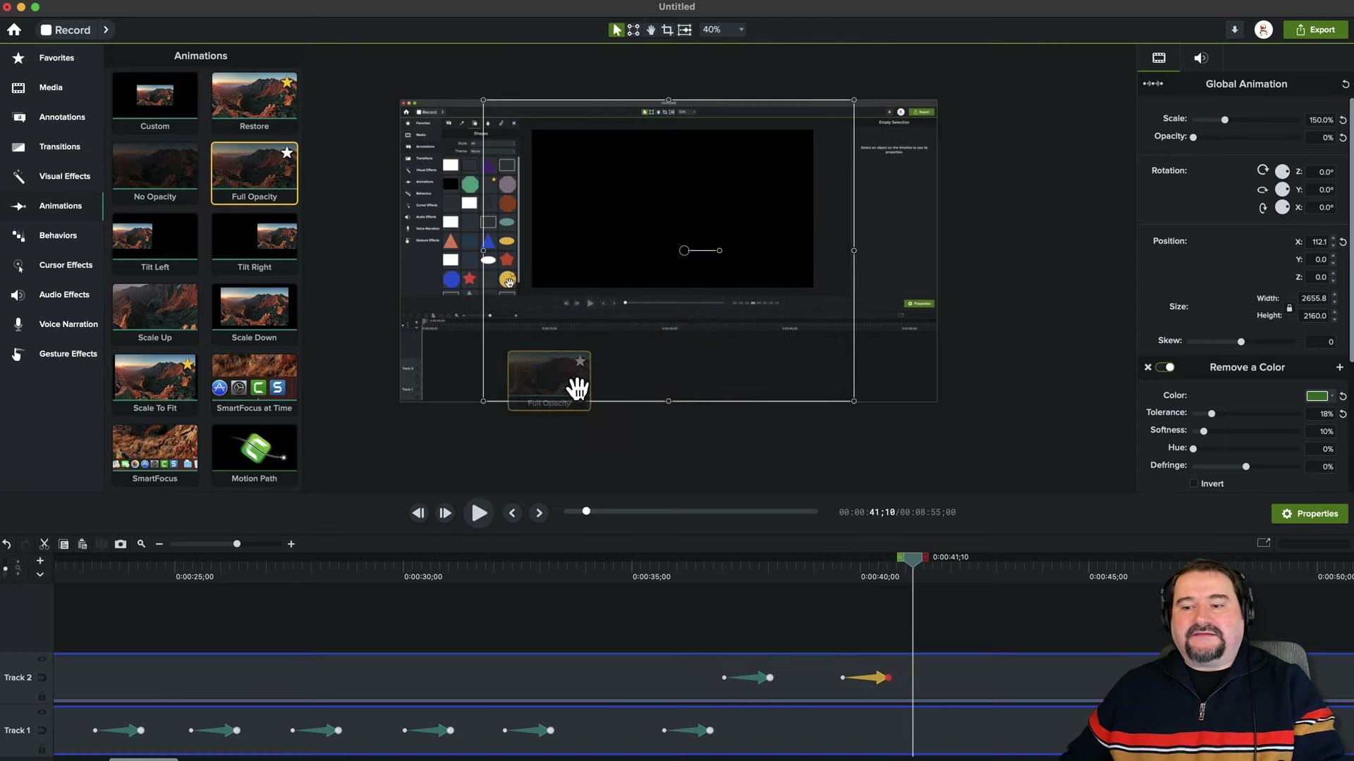 Camtasia canvas showing a reveal transition effect with a white wipe, demonstrating animation in action on a video clip