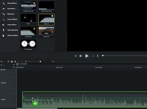 Camtasia Audio Effects panel showing Emphasize, Noise Removal, Pitch, Fade In, Fade Out, Captions, and Clip Speed effects