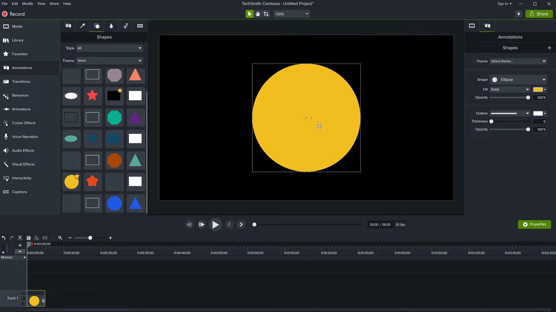 Adding a yellow Ellipse shape in Camtasia from the Annotations Shapes panel