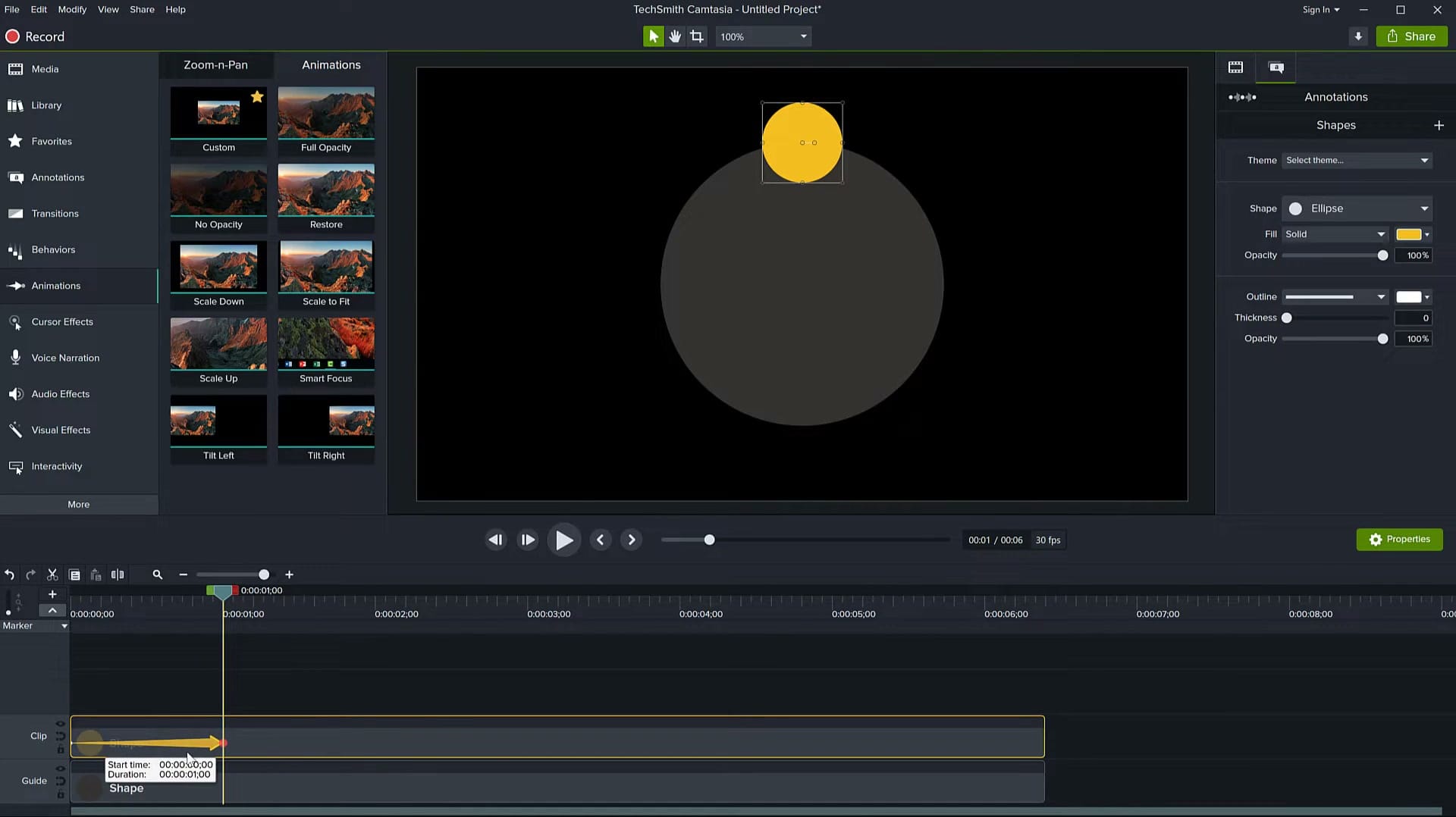 Custom Animation applied to the shape in Camtasia with keyframe arrows on the timeline