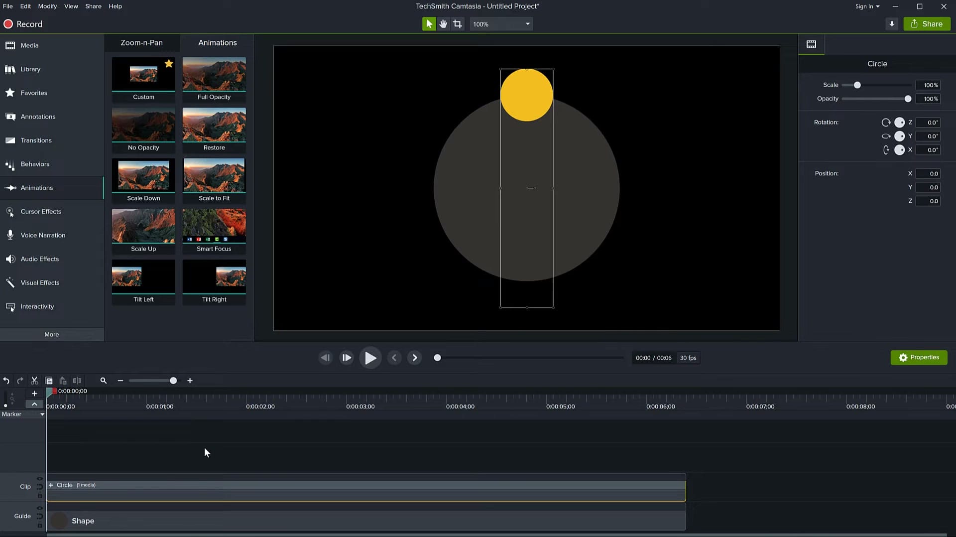 Circle group created in Camtasia timeline with Properties panel showing Scale, Rotation, and Position