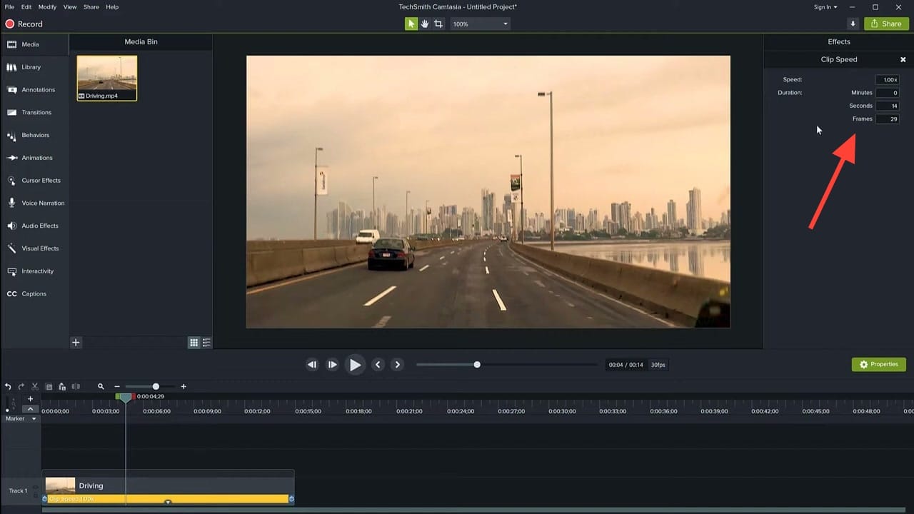 Camtasia Clip Speed properties panel showing Speed at 1.00x with Duration fields for minutes, seconds, and frames