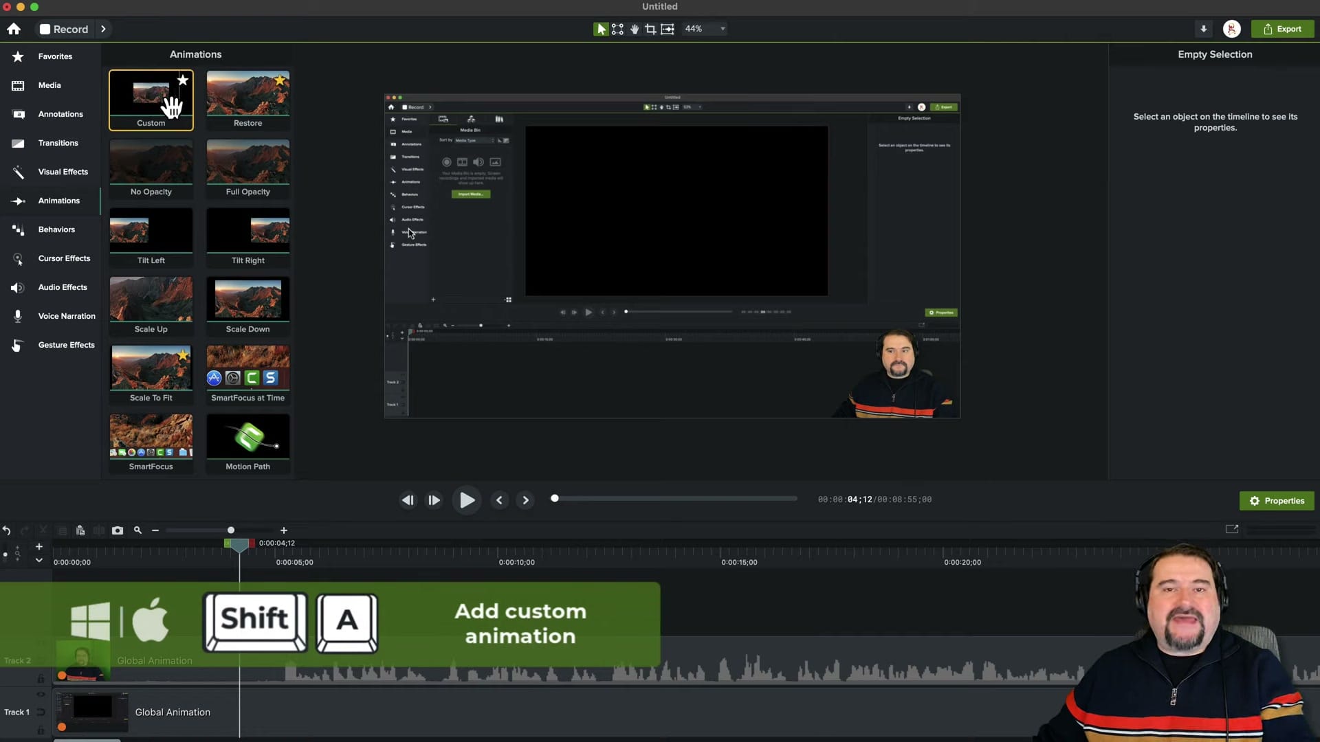 Camtasia Animations panel with Custom animation selected, showing keyboard shortcut Cmd+Shift+A at the bottom of the screen