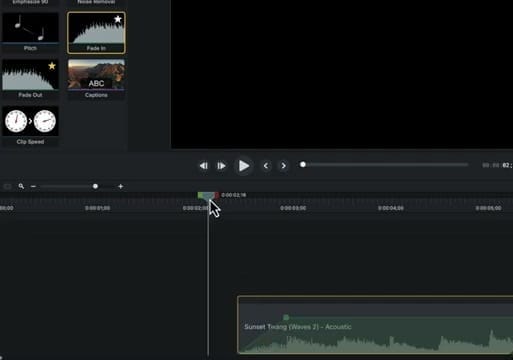 Camtasia Fade In effect applied to audio clip, showing waveform ramping up at the start of the timeline