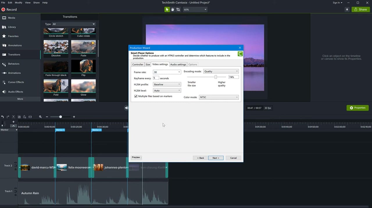 Camtasia Production Wizard Video settings tab with 'Multiple files based on markers' checkbox enabled