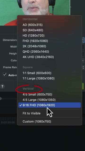 Camtasia dimensions dropdown showing Horizontal, Square, and Vertical presets with Vertical section circled