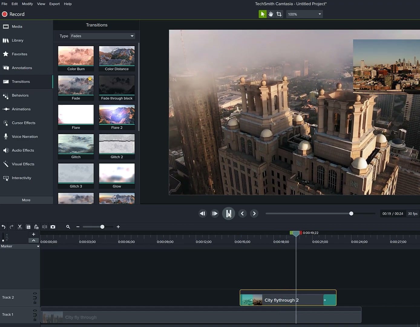 Browsing the Transitions panel with Fade options to apply smooth transitions to the PIP clip