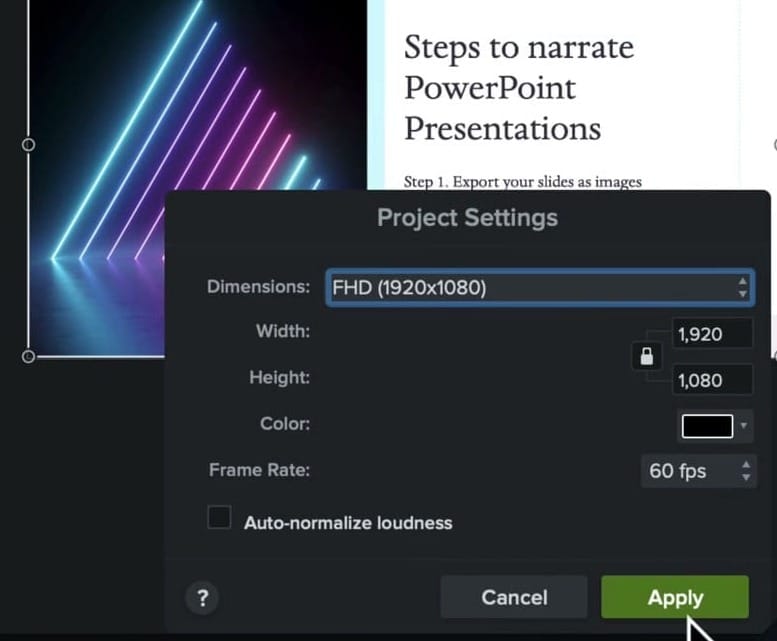 Camtasia project settings showing resolution change to 1920x1080