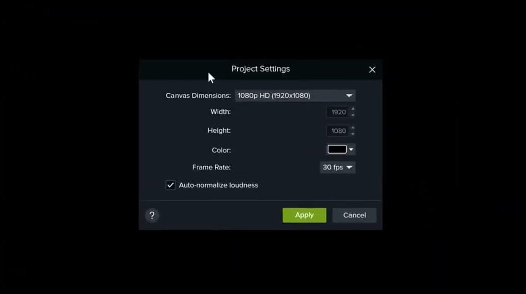 Camtasia Project Settings dialog showing Canvas Dimensions set to 1080p HD, Frame Rate at 30 fps, and Auto-normalize loudness checkbox