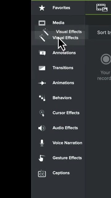 Camtasia sidebar showing reordered tools with Visual Effects moved up