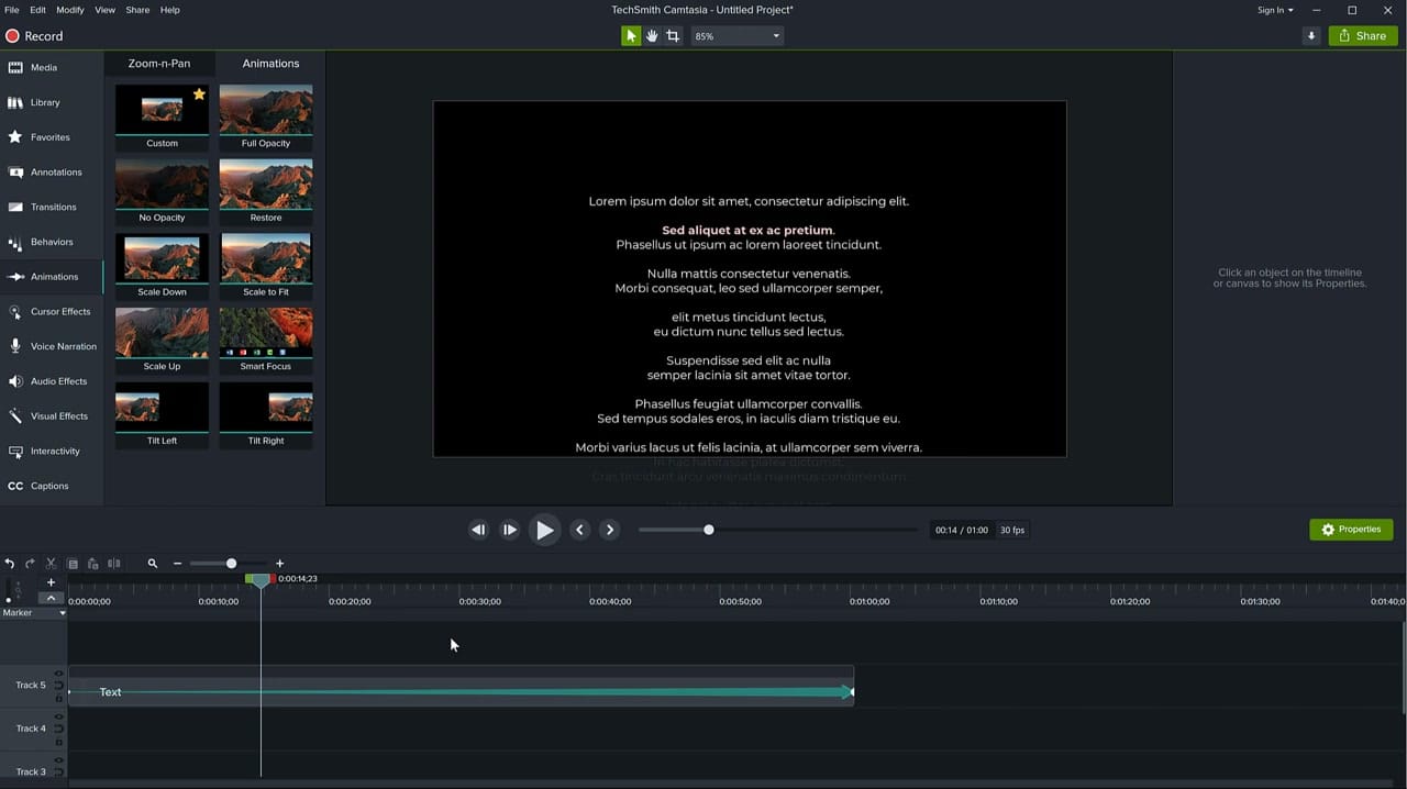 Camtasia timeline showing text clip with custom animation stretched across the full duration