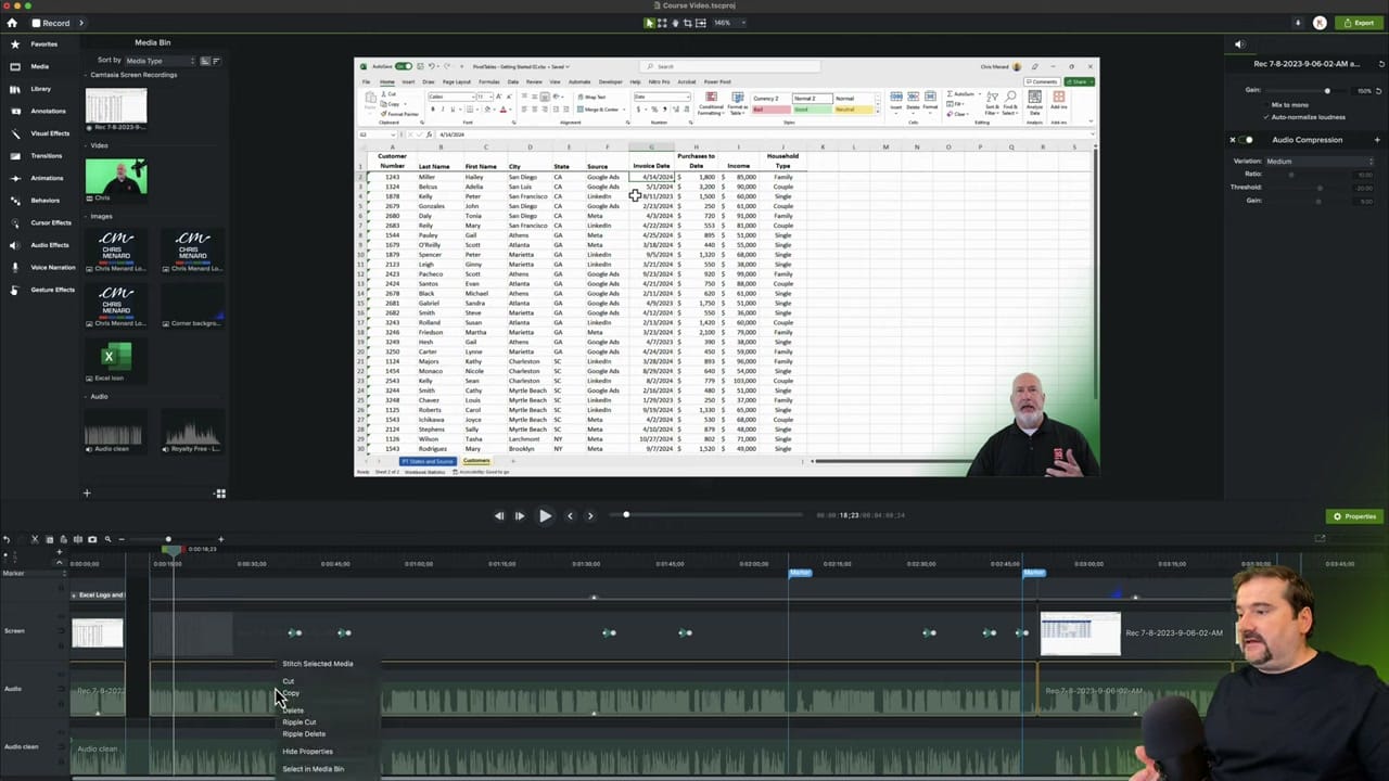 Camtasia timeline showing the right-click context menu for silencing clips, with Audio Compression settings visible