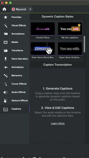 Camtasia Captions panel showing Dynamic Caption Styles with generate and edit options