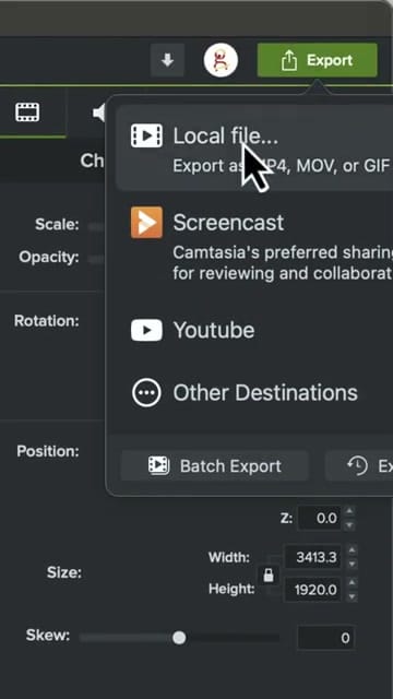 Camtasia export menu showing Local file, Screencast, YouTube, and Other Destinations options