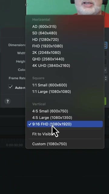 Camtasia Project Settings dropdown showing 9:16 FHD vertical preset selected