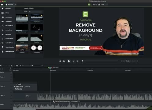 Camtasia timeline showing multiple tracks including callout, shape, video, and music with waveforms