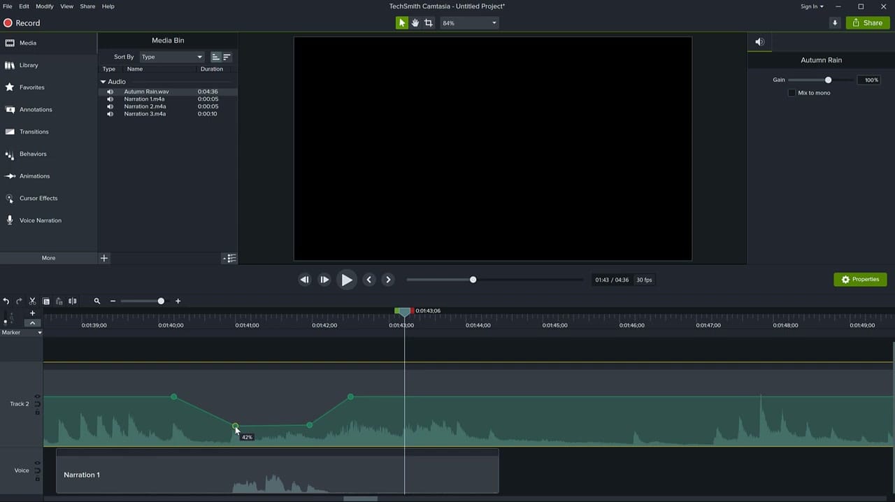 Camtasia volume line pulled down to 42% between two keyframe points, creating a V-shaped dip