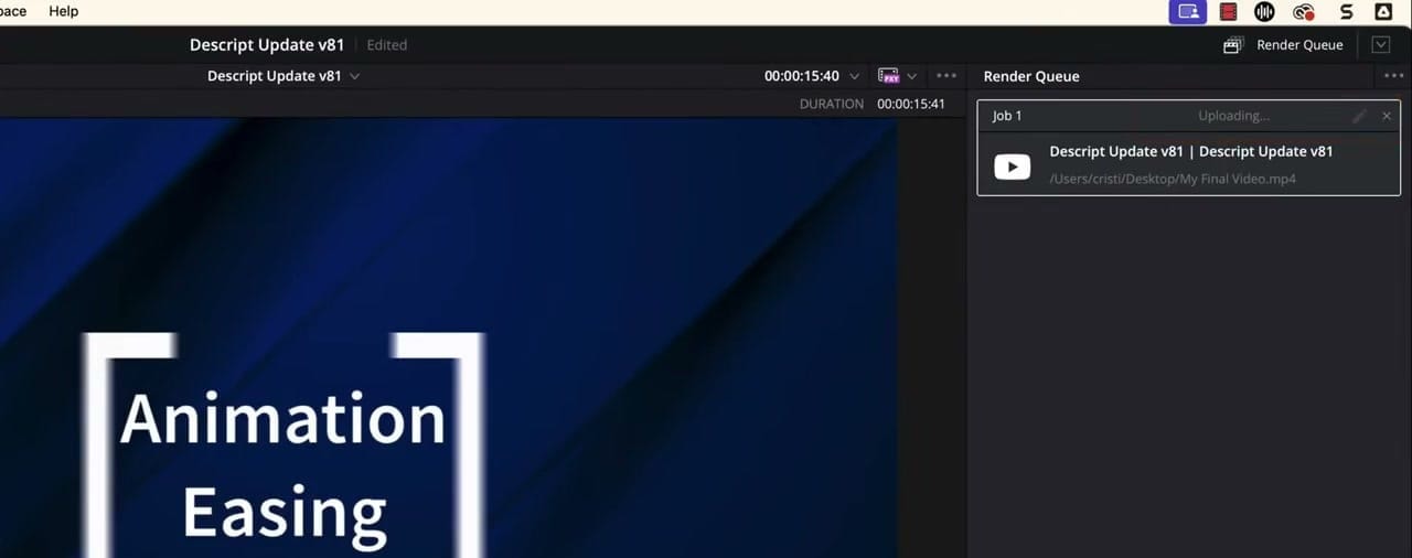 The Render Queue shows the upload progress after rendering completes