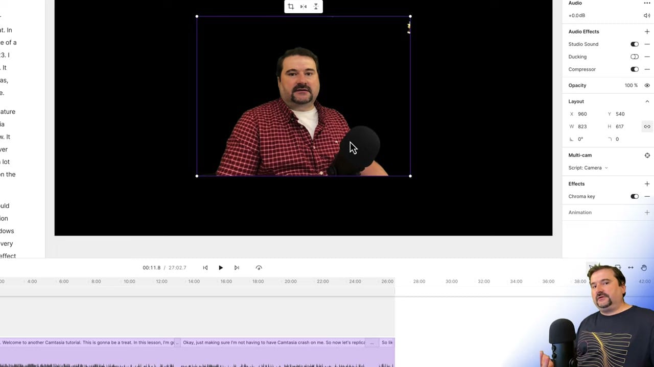 Descript showing video with background removed using Chroma Key effect