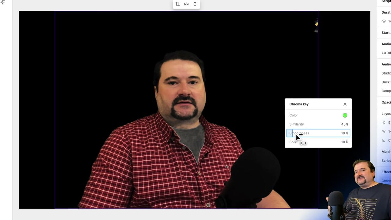 Descript Chroma Key settings panel showing Color, Similarity, Smoothness and Spill controls