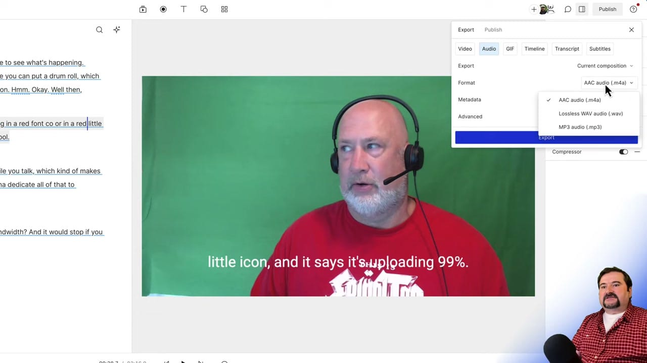Descript export dialog showing Audio tab with WAV format selected