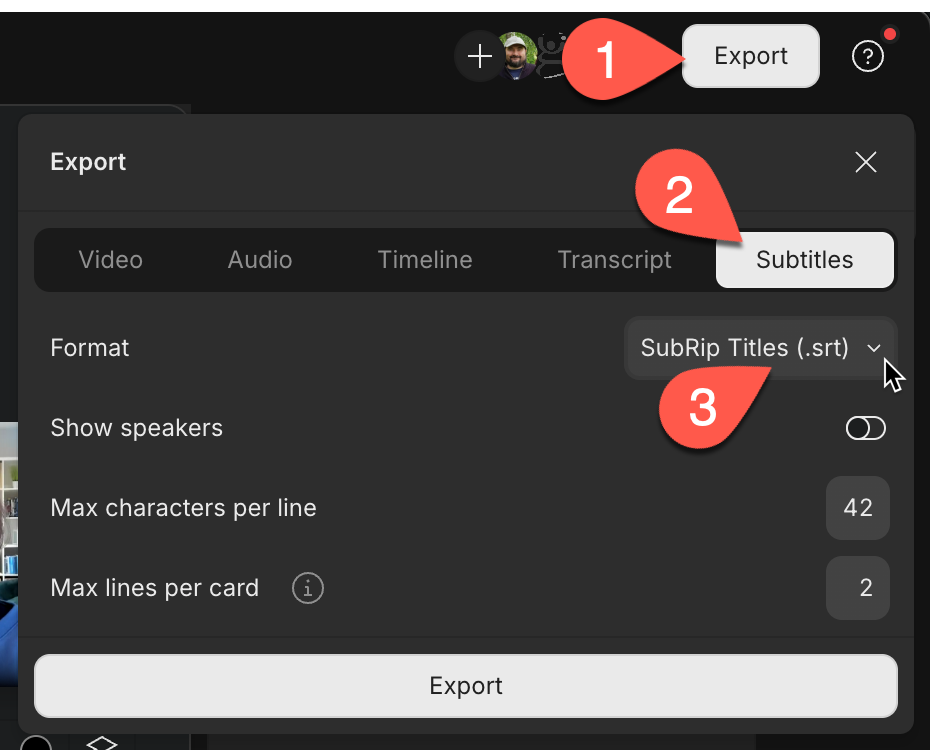 Descript Export dialog showing the Subtitles tab with SRT format selected