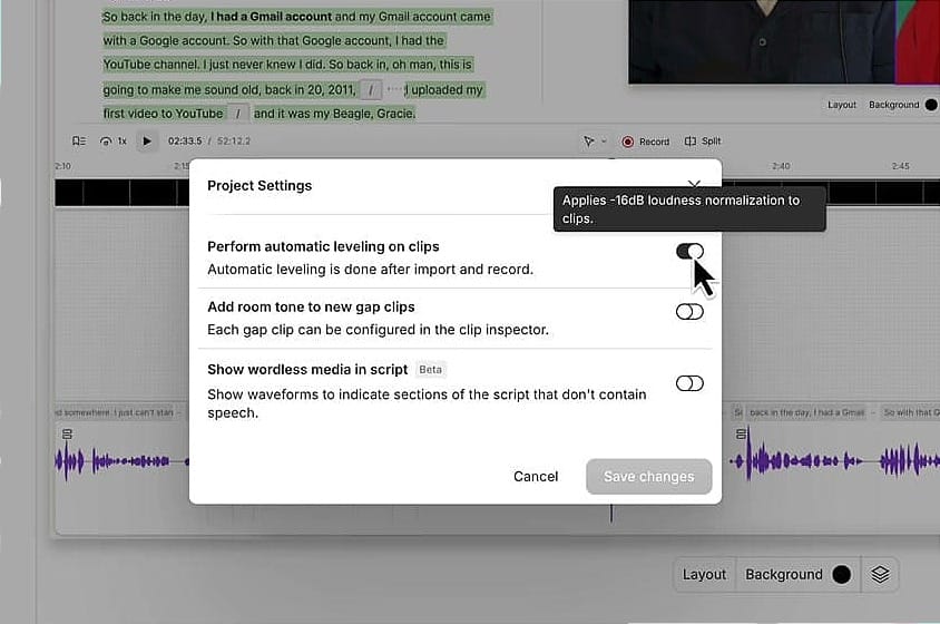 Descript File menu with Project settings option highlighted with red box