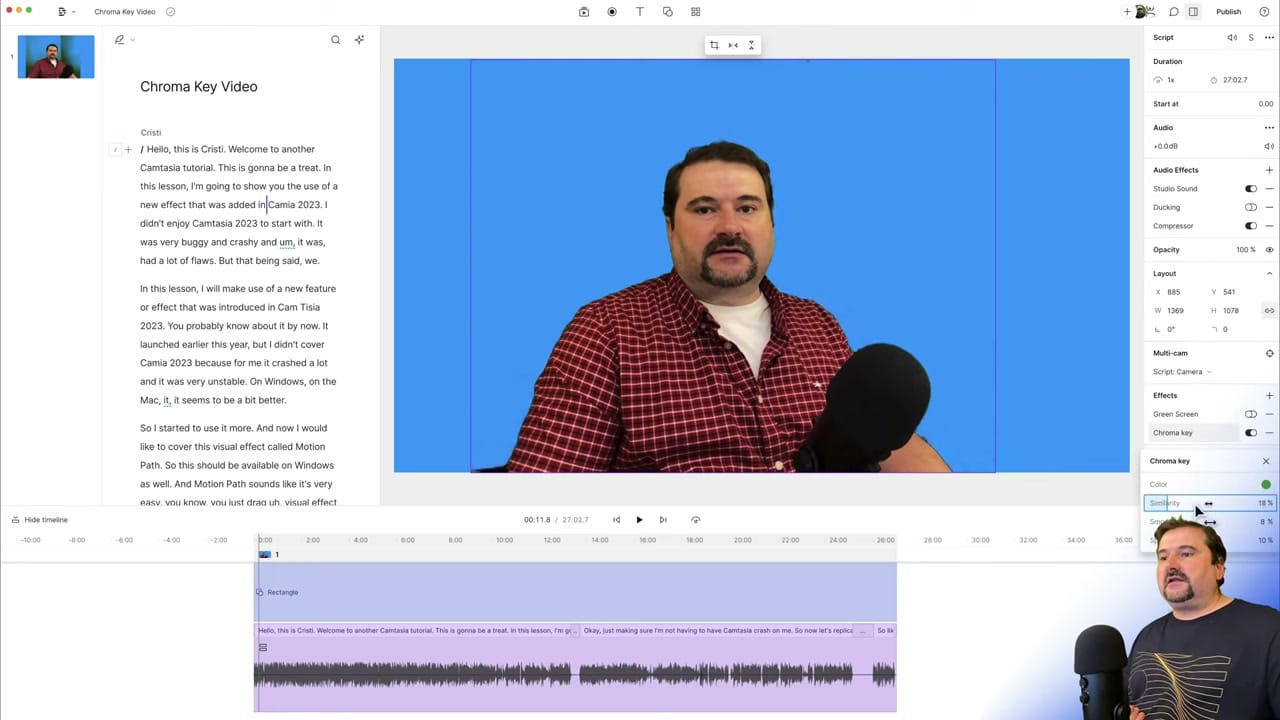 Descript Effects panel showing both Green Screen AI and Chroma Key effects available