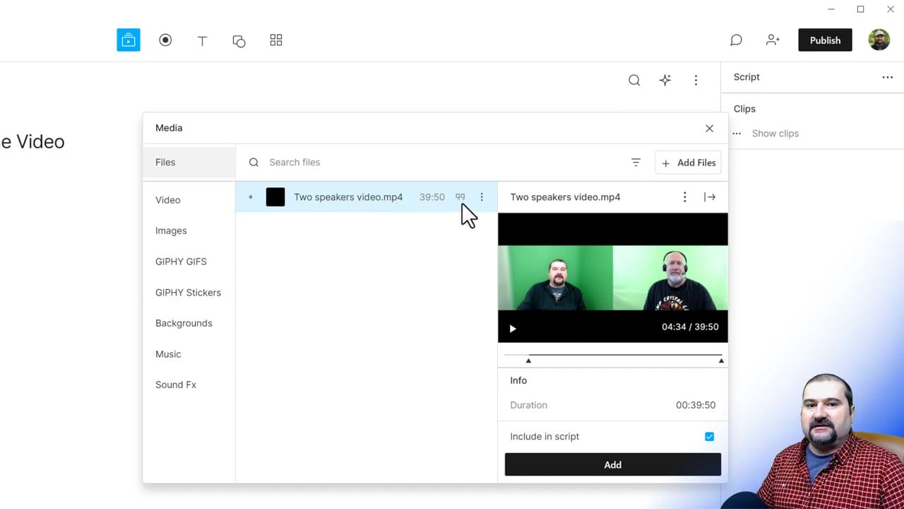 Descript Media panel showing a Two speakers video.mp4 file being imported with preview showing two speakers