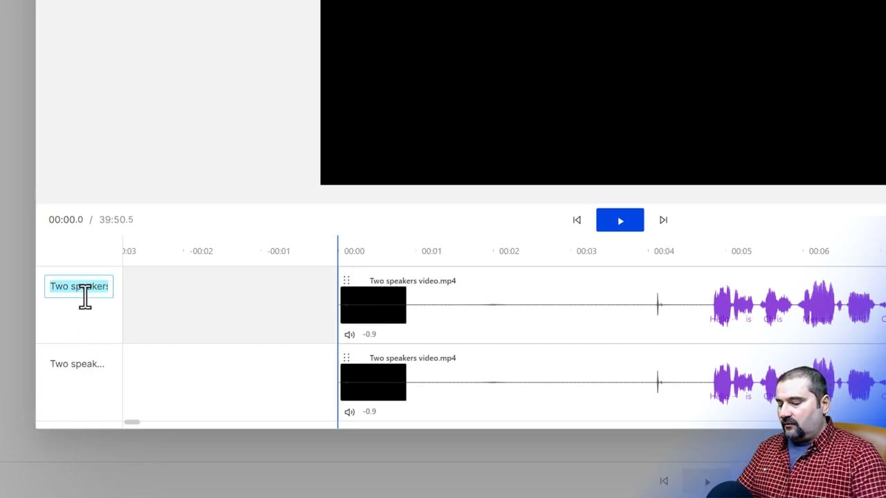 Descript timeline showing the same Zoom video on two separate tracks with sequence names on the left